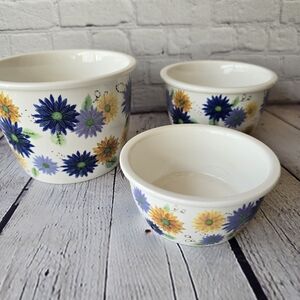 Blue & Gold Floral Ceramic Nesting Bowls Set of 3 | 5.5", 5", 4.5"
